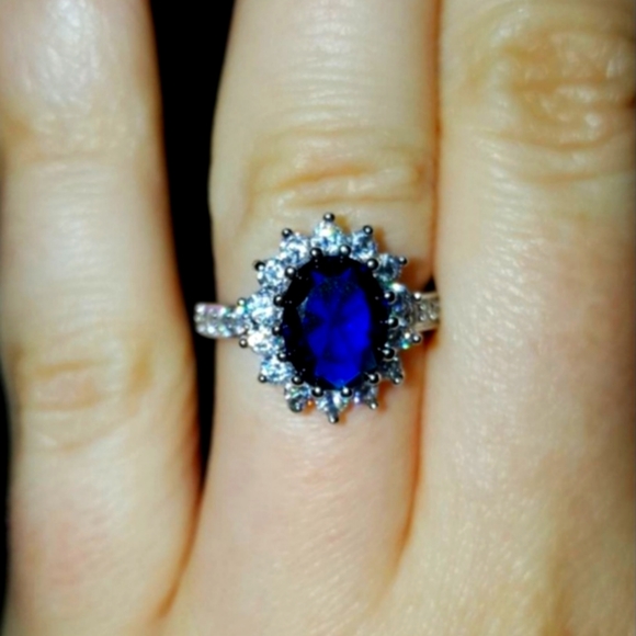 New 1.5ct 14k White Gold Plated Sapphire Diamond Engagement Ring - Picture 2 of 4